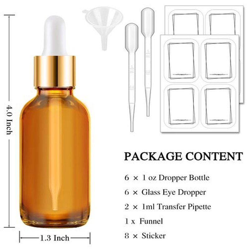 Bumobum Dropper Bottle, 6 Pack Amber Glass Dropper Bottle 1 oz with 1 Funnel, 2 Pipette & 8 Labels, 30 ml Eye Dropper Tincture Bottles with Dropper for Essential Oils Serums Hair Oils Body Oils