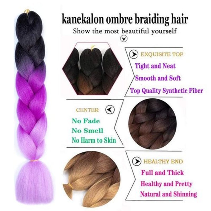 Xiaofeng Colorful Ombre Braiding Hair Extensions 24 Inch 3 Packs High Temperature Jumbo Crochet Braiding Hair for Box Twist Braids (24 Inch (Pack of 3), Black to Purple-Light purple)
