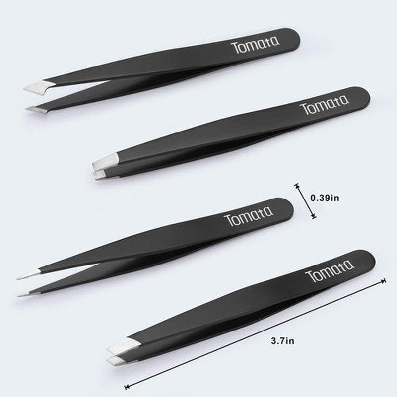 Tomata Tweezers for Eyebrows, 4-piece Slant Tip and Pointed Eyebrow Tweezer Set Great Precision for Eyebrows Facial Hair, Ingrown Hair, Splinter, Blackhead and Tick Remover (Black)