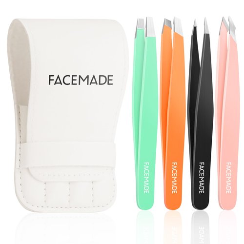 FACEMADE 4 Pack Tweezers Set - Professional Stainless Steel Tweezers for Men and Women, Precision Eyebrow Tweezers for Facial Hair, Chin, and Ingrown Hair Removal (Green, Orange, Black & Pink)