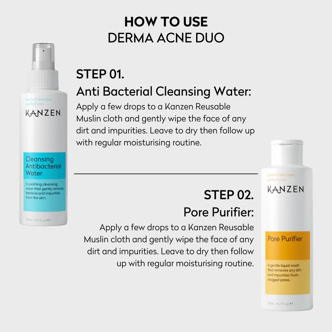Kanzen Skincare Derma Acne Duo Set Acne Cleansing Water & Pore Purifier for Clearer Looking Skin, Daily Facial Skincare Kit