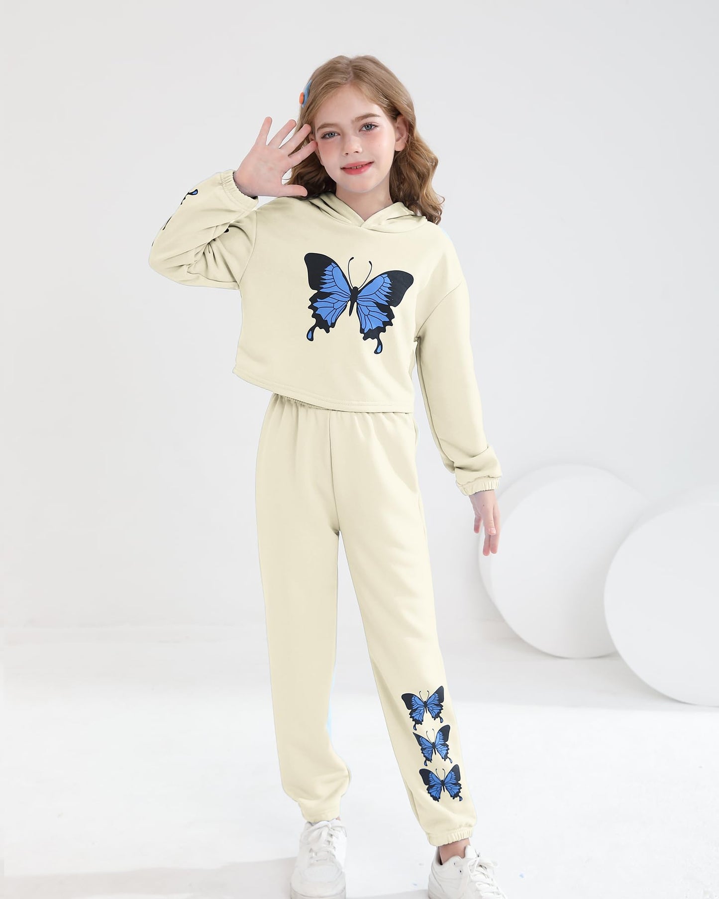YOURUIKEY Girls' Clothing Set Butterfly Print Crop Top Hoodies Sweatpants 2 Piece Outfits Kids Sweatsuit Tracksuit Jogger Set