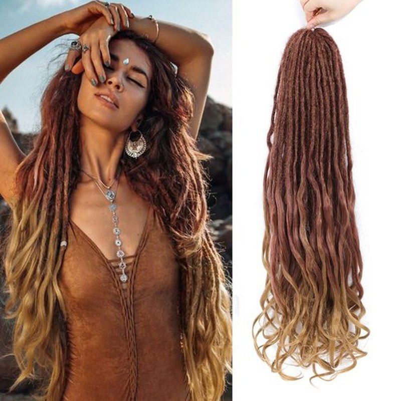 Aguacor Loose Wave Dreadlocks Synthetic French Curly Double Ended Dreadlock Extensions 24inches 10 Strands Thin Soft Red Brown to Brown Spanish Curly DE Dreadlock Extension for Women (10 Strands, R27)