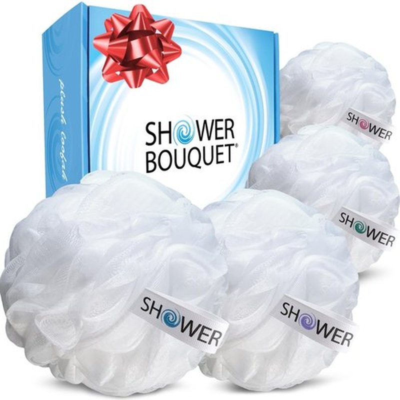 SHOWER BOUQUET Loofah Soft-White-Cloud Bath-Sponge XL-75g-Set 4 Pack, Extra Large Mesh Pouf for Men and Women - Exfoliate with Big Gentle Cleanse Scrubber in Beauty Bathing Accessories