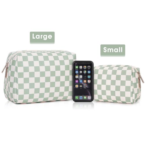 Narwey Large Checkered Makeup Bag Zipper Pouch Travel Cosmetic Bag Organizer for Women (Large, Mint Green Checkerboard)