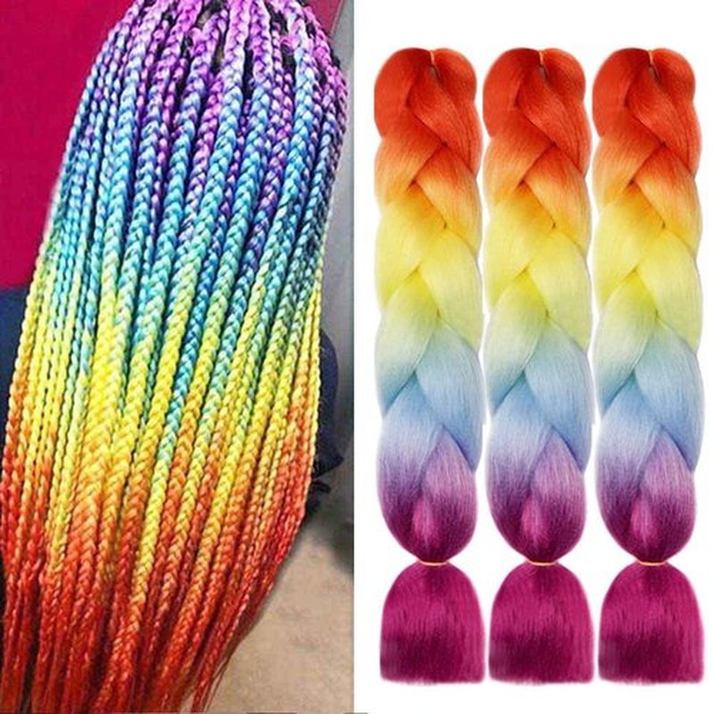 Jumbo Braiding Hair Fiber Silky Colorful Twist Braiding Hair 3pcs Rainbow Colors Extensions Synthetic Hair Orange Yellow Blue Purple Synthetic Fiber Soft Healthy (24 Inch 3pcs)