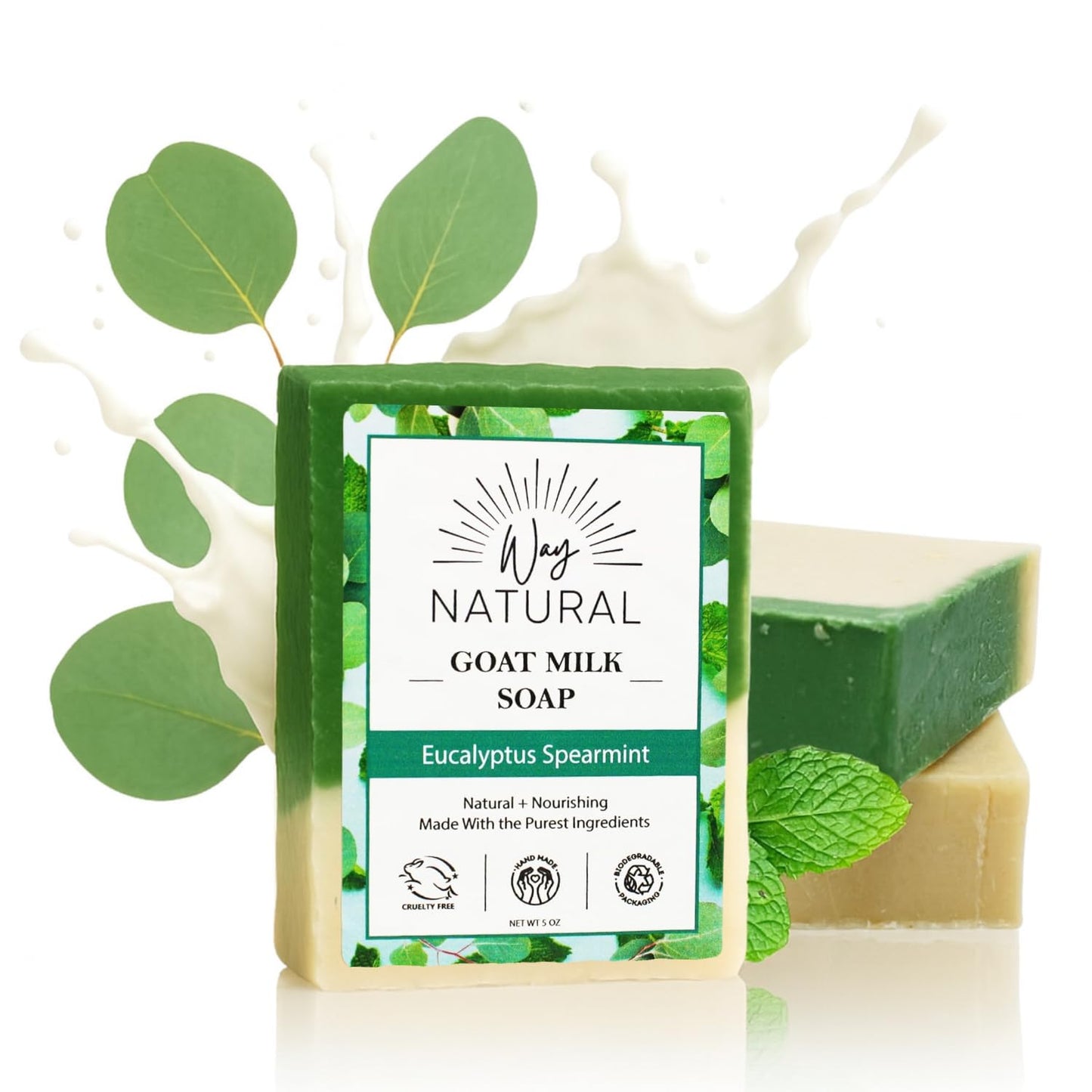 Way Natural Eucalyptus Spearmint Soap Bar (3 Pack) - Goat Milk Soap for Men & Women - Natural, Handmade w/Real Milk - Dry Skin, Hands/Body - Premium, Gentle, No Dyes - (Large, 5oz)