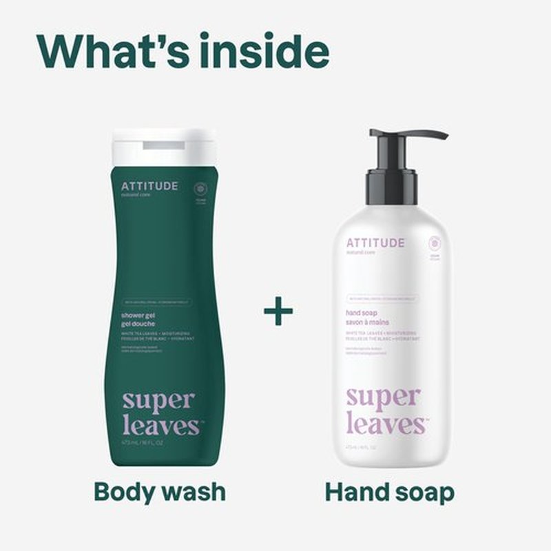 ATTITUDE Body Wash and Hand Soap Set, EWG Verified, Vegan Moisturizing Duo, Dermatologically Tested Shower Gel and Personal Care Products, White Tea Leaves, 16 Fl Oz each