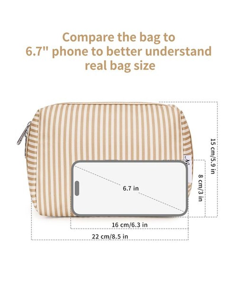 Narwey Striped Makeup Bag Travel Cosmetic Bag Organizer Toiletry Bag Make Up Bags with Compartments for Women (Large, Light Brown Stripe)