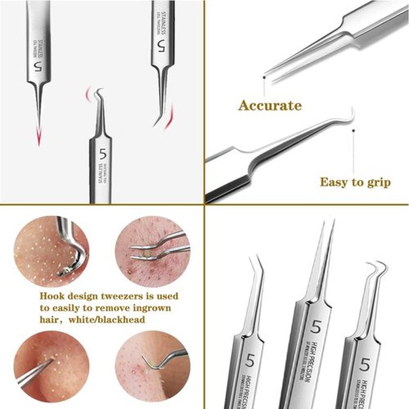 Professional Facial Blackhead Remover Tweezers,3Pcs Precision Pimple Popper Tool Kit for Whitehead Ance Blemishs Comedones Stainless Steel Makeup Tool - Glossy