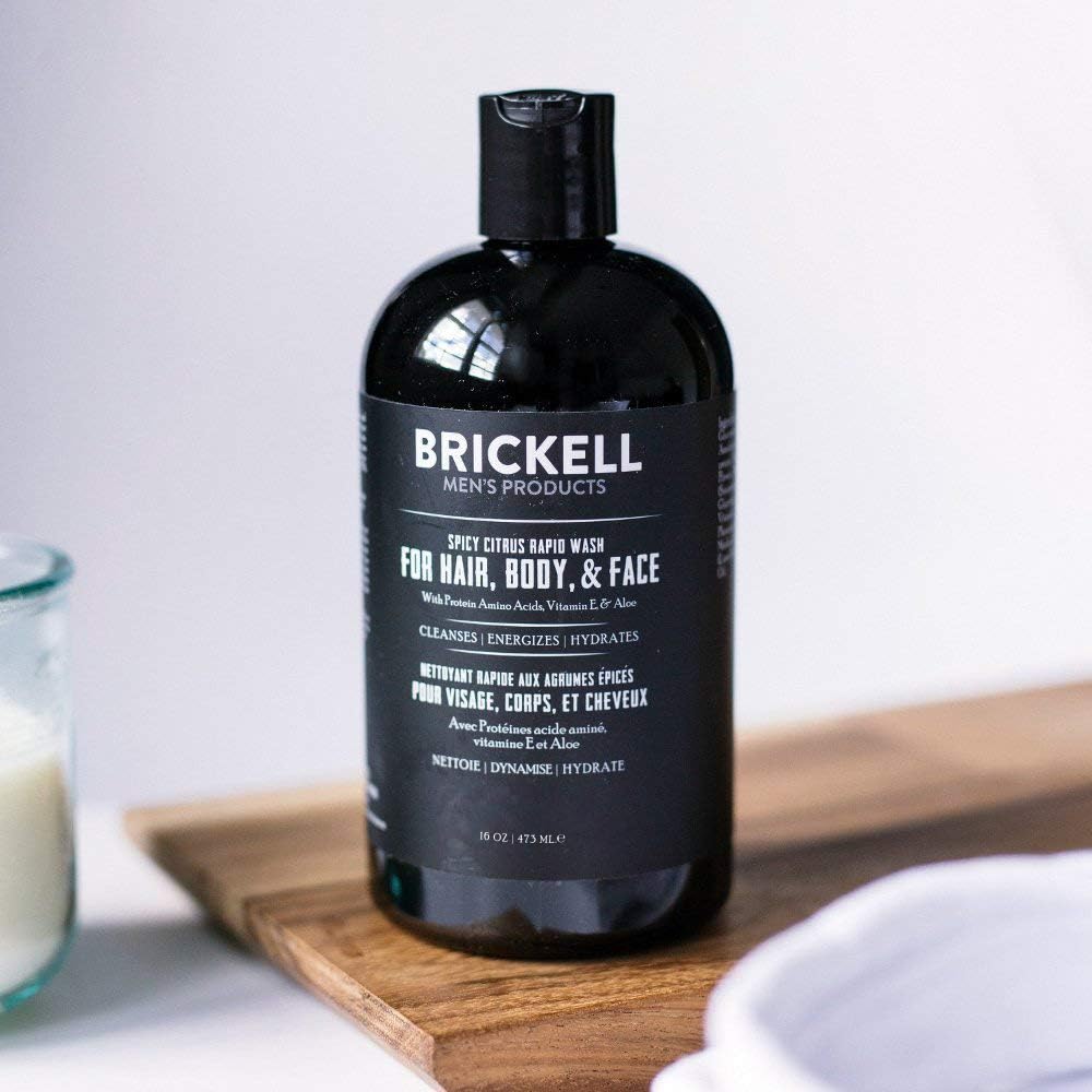 Brickell Men's Rapid Wash, 3 in 1 Body Wash Gel for Men, With Aloe, Vitamin E, and Jojoba Oil, 16 Ounce, Spicy Citrus Scent