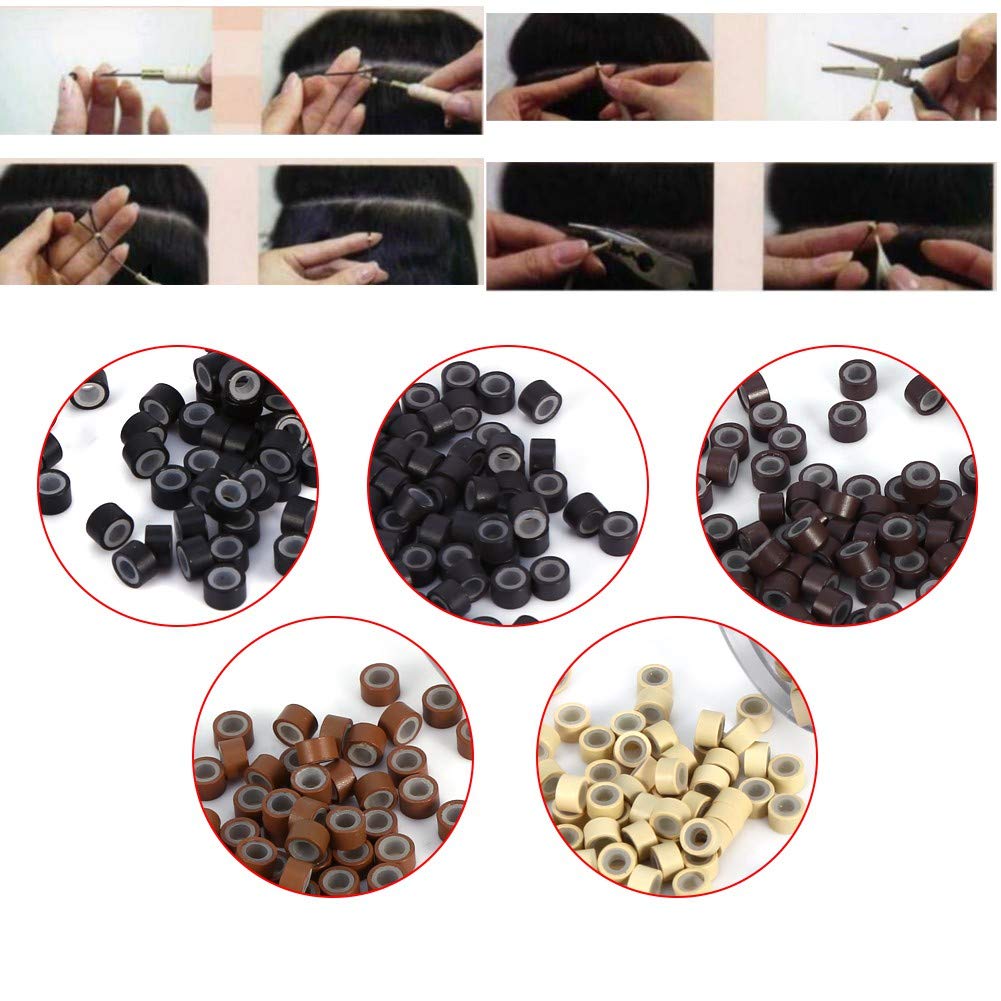Silicone Micro Link Rings, 1 Bottle/Set 500Pcs 5mm Lined Beads Bead Extension Tool Silicone Lined Micro Beads 5 Colors Optional Silicone Lined Links Beads Linkies for Hair Extensions (Blonde)