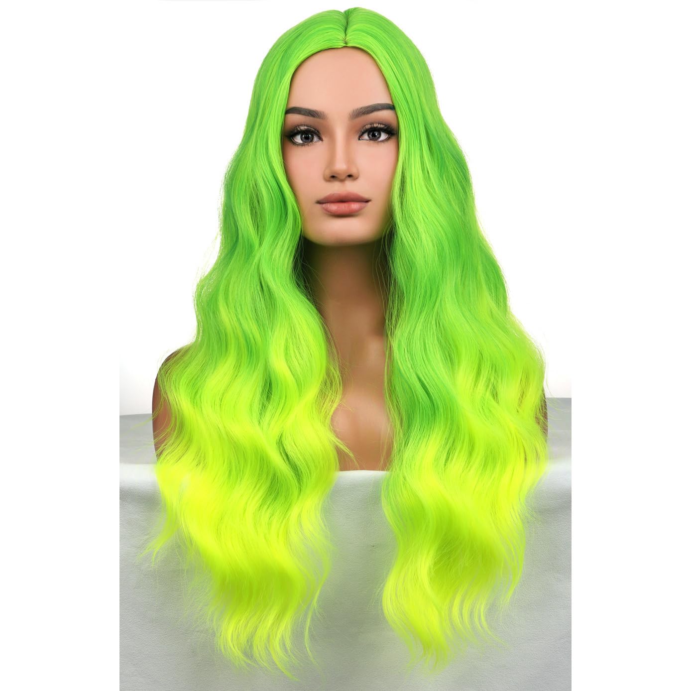 BERON Neon Green Wigs Long Wavy Wig for Women Costume Curly Ombre Green Color Girls Heat Resistant Synthetic Hair Wigs for Cosplay Party or Daily Used