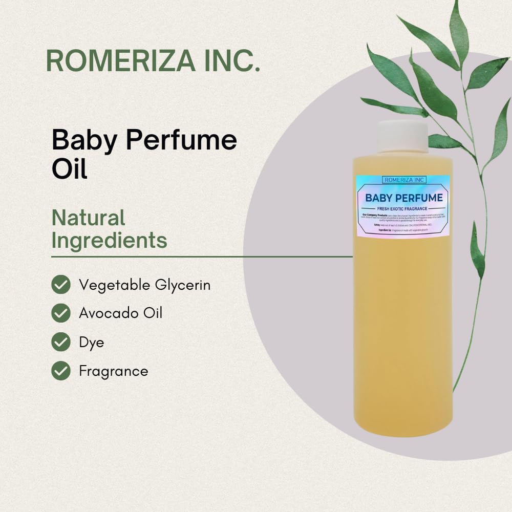ROMERIZA INC.10 Fl Oz Baby Perfume Fragrance Body Oil – Luxury Unisex Baby Oil Perfume with Long Lasting Baby Powder Scent, Uncut Perfume Oil, Scented Body Oil for Women & Men