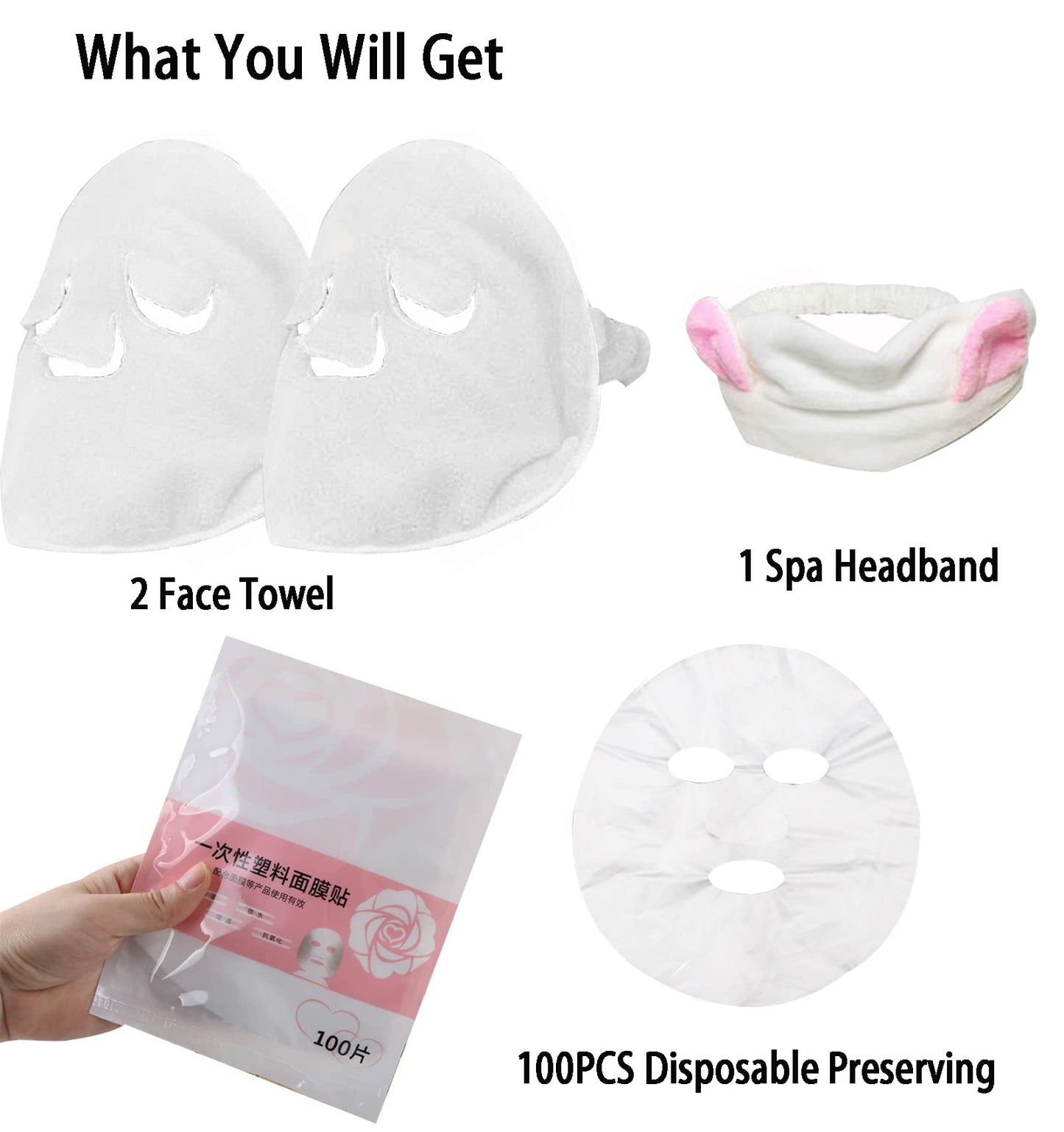 HANSAMU 2 Pack Reusable Hot Cold Face Towel Mask for Skincare, Facial Masks Steamer Facial Kits for Women Girls Estheticians Skin Care, 100 PCS Disposable Preserving, 1 Spa Headband