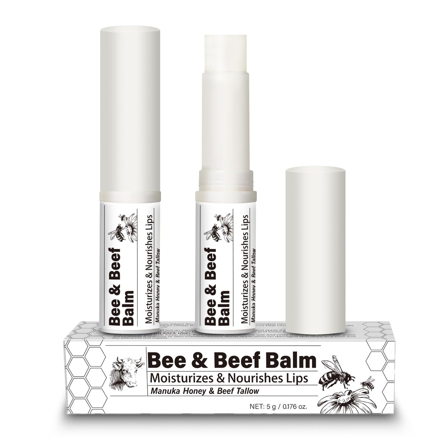 Lip Balm - Natural Beeswax and Grass-Fed Beef Tallow, Moisturizing Tallow Bee Balm Tint-Free with Squalane, Vitamin E, Jojoba Seed Oil,and All-Day Moisture Lip Care, 2 Tubes, Net 10g, 0.35 oz