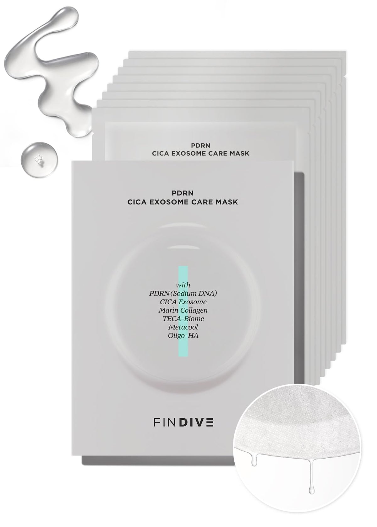 FINDIVE OFFICIAL PDRN CICA Exosome Care Mask, PDRN (Sodium DNA) 5,000ppm, Cica Exosome, Marin Collagen, Soothes, Regenerates Skin, Korean Skincare 1.05fl.oz* 8 Sheets