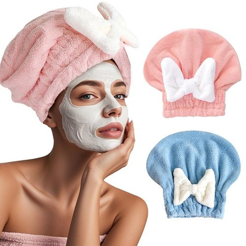 2Pcs Microfiber Hair Drying Caps Extrame Soft Ultra Absorbent Quick Drying Hair Turban Wrap Towels Bow Knot Shower Cap for Curly Long Thick Wet Hair Girls and Women (Blue+Pink)
