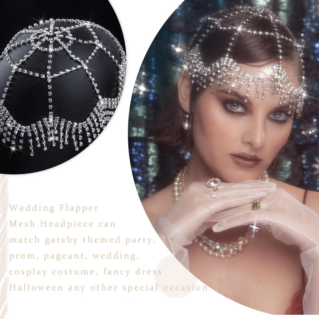 NAISKA 1920s Mesh Rhinestone Headband Cap Silver Tassel Crystal Head Chain Wedding Brides Headpieces Vintage Prom Costume Halloween Style Hair Accessories Jewelry for Women and Girls