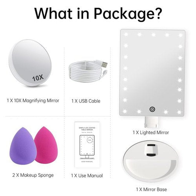 COSMIRROR Lighted Makeup Vanity Mirror with 10X Magnifying Mirror and Makeup Sponge, 21 LED Light Up Mirror with Touch Sensor Dimming, 180°Free Rotation, Dual Power Supply, Portable Cosmetic Mirror