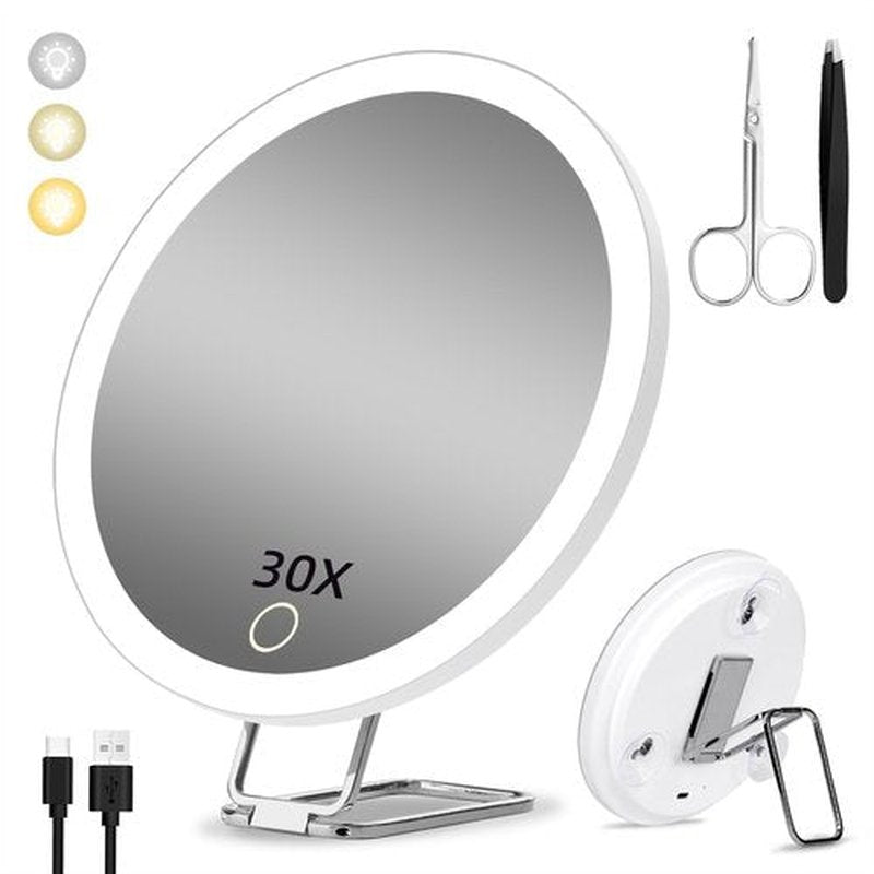 Magnifying Mirror with Light 30X, Large 6" Rechargeable 3 Colors Modes Dimming Lighted Makeup Mirror with 30X Magnification, LED Travel Magnified Mirror with 3 Suction Cups and 360° Table Stand