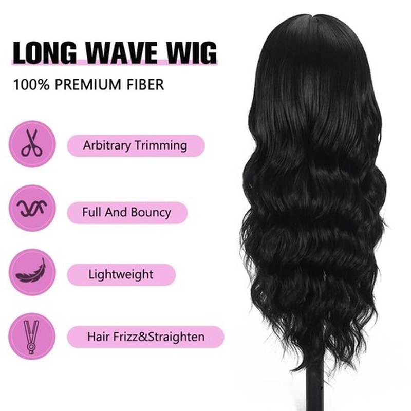 UNNYMGER Black Wig with Bangs Curly wavy Wig for Women Long Natural Black wavy wigs skin-friendly synthetic fibersc for festival holiday Use 26IN