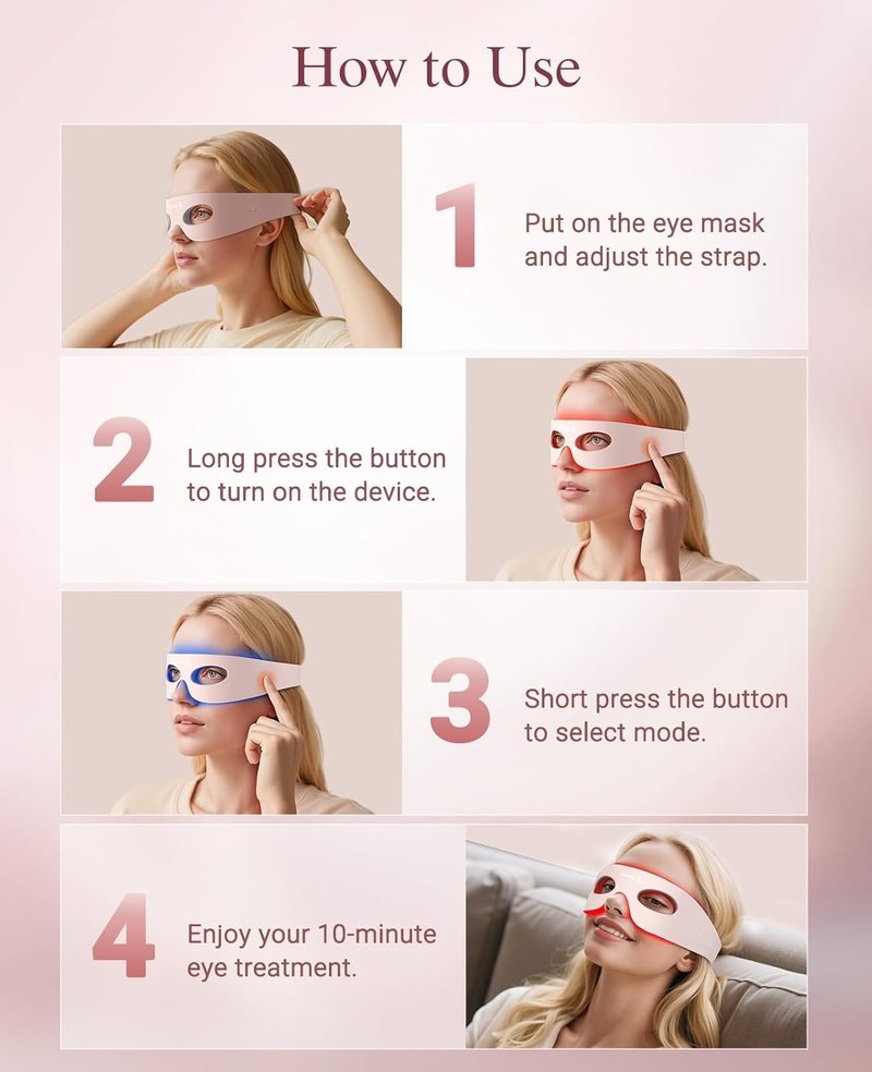 Red Light Therapy Eye Mask - Wireless Rechargeable Under-Eye Treatment for Dark Circles & Fine Lines | 3 Modes, Pink