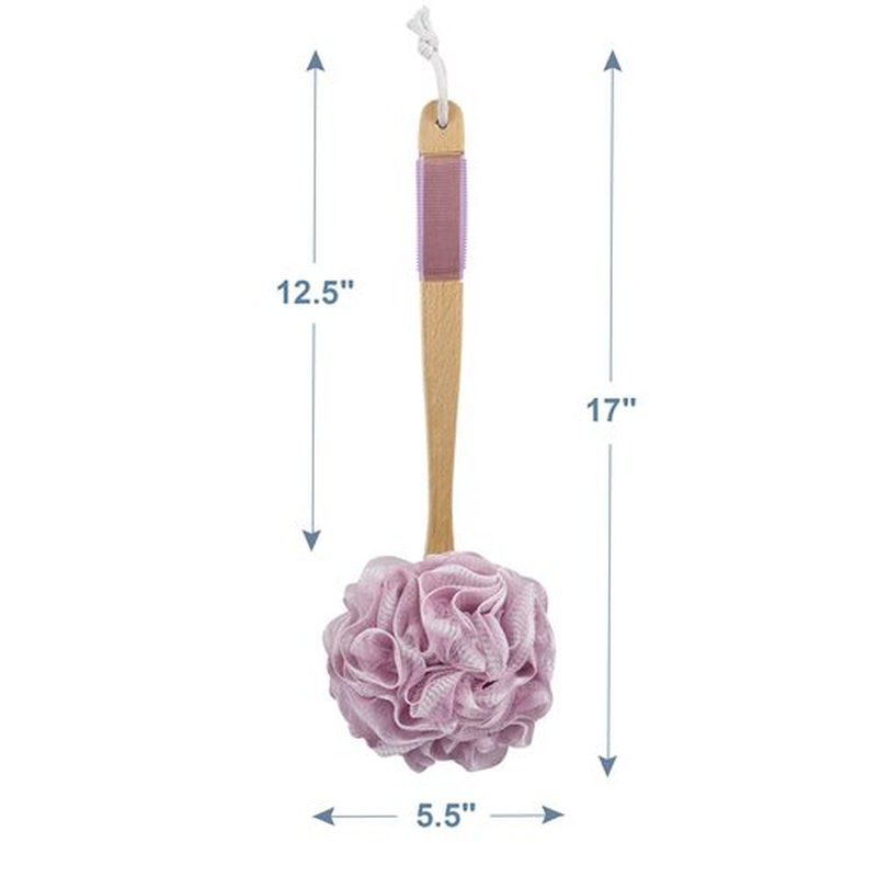 AmazerBath Shower Sponge Loofah Back Scrubber, PE Soft Mesh Loofah Body Scrubber with Long Wooden Handle, Bath Sponge for Men Women (Pink)