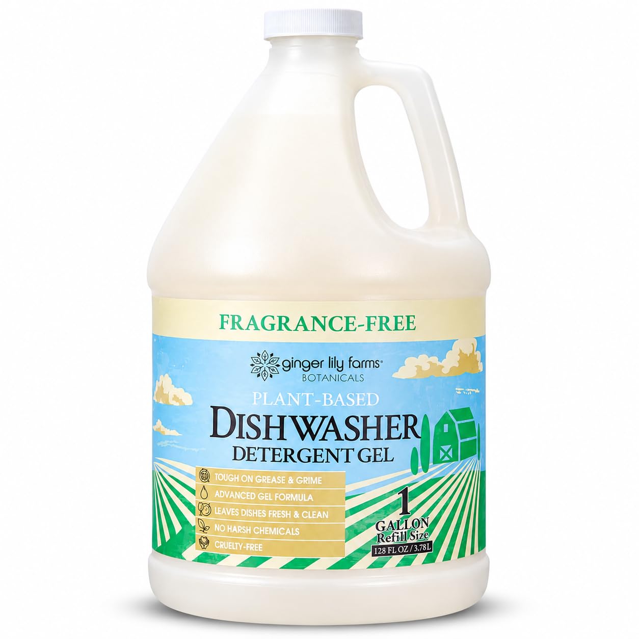 Ginger Lily Farms Plant-Based Dishwasher Detergent Gel, Fragrance-Free, 1 Gallon (128 Fl Oz) Refill, Eco-Friendly, 100% Vegan & Cruelty-Free