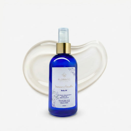 FLORÍNTO Body Oil – Hydrating & Nourishing Formula with Natural Oils & Vitamin E – Deep Moisture for Smooth & Glowing Skin – Fast Absorbing & Non-Greasy Formula – 200 ml (Jasmine & Vanilla)