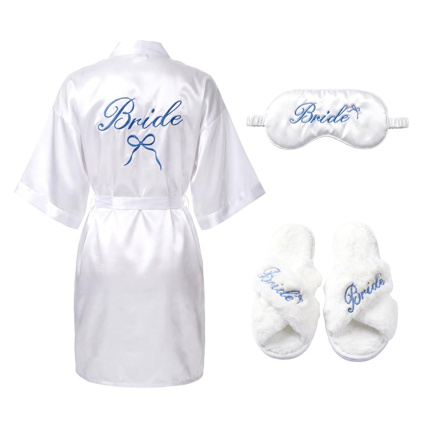 HTPARY Bride Robe Set Fuzzy Slippers Eye Mask White Satin Bridal Getting Ready Robe Wedding Day Bachelorette Party Bridal Shower