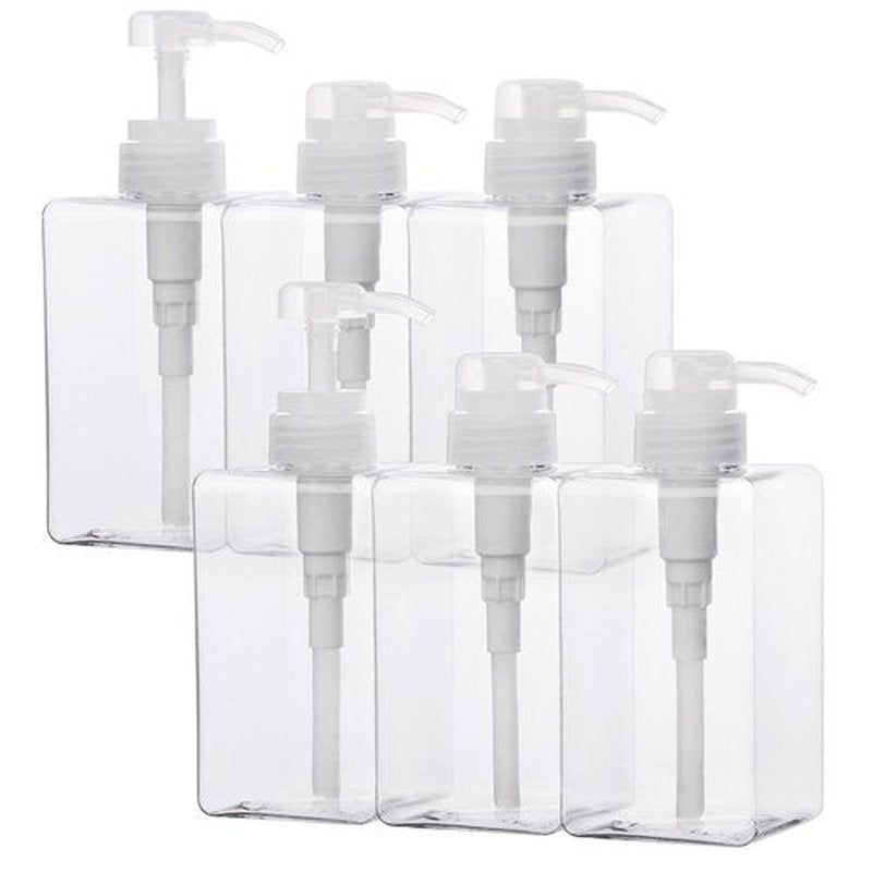 SUREAM Clear Empty Pump Bottles 6 Pack, 15oz/450ml Plastic Refillable Square Containers for Essential Oil Soap Lotion Shampoo Conditioner, Large Hand Pump Dispensers for Bathroom and Kitchen Sink Use