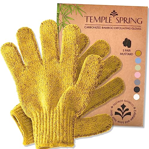 Temple Spring Exfoliating Gloves - Carbonized Rayon Bamboo Bath/Shower Gloves, Bath Gloves for Shower Exfoliating and Ingrown Hair/Dead Skin Remover - Exfoliator Mitt Scrub Gloves - Mustard Yellow