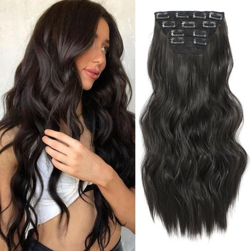 Hair Extensions 4PCS Clip In Hair Extensions Long Wavy Brown Black Hair Extensions Thick Full Head & Smooth Synthetic Hairpieces for Women