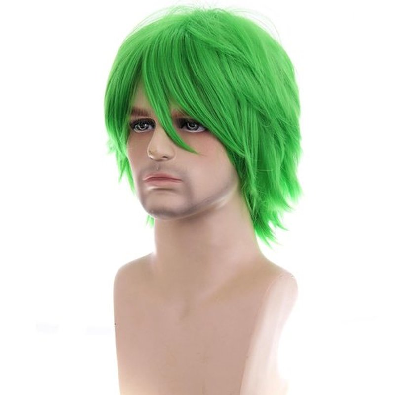 BERON 12" Men Womens Green Short Straight Girls Anime Cosplay Wig Rose Net with Wig Cap