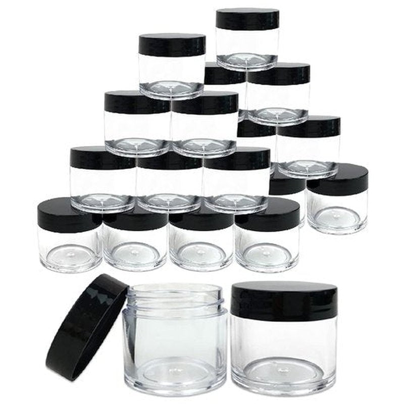 Beauticom 30g/30ml (1 fl. oz.) Double Wall Clear Plastic Leak Proof Jars with Flat Top Lids for Creams, Lotions, Make Up, Powders, Glitters, and more... (Color: Black Lid, Pieces: 24)