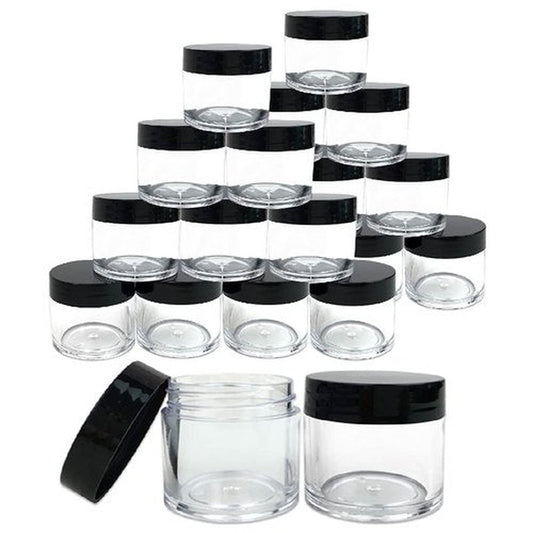 Beauticom 30g/30ml (1 fl. oz.) Double Wall Clear Plastic Leak Proof Jars with Flat Top Lids for Creams, Lotions, Make Up, Powders, Glitters, and more... (Color: Black Lid, Pieces: 24)