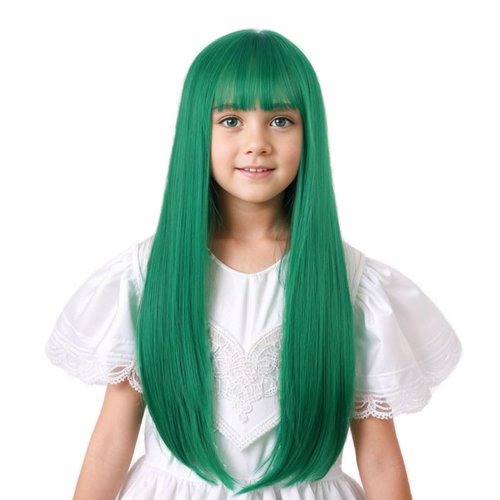 Ufindcos Green Wig for Kids Long Dark Green Wig Long Straight Child Wig Green Wig with Bangs for Girls 22 inches Synthetic Wig with Wig Cap