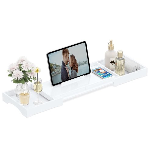 Bathtub Tray Caddy Table for Tub - Rulyyo Tub Tray Bath Caddy Tray for Bathtub, White 18-32.5 Inch Expandable Over The Tub Bath Tray for Bathtub, Waterproof Bathtub Caddy Tray for Luxury Bath