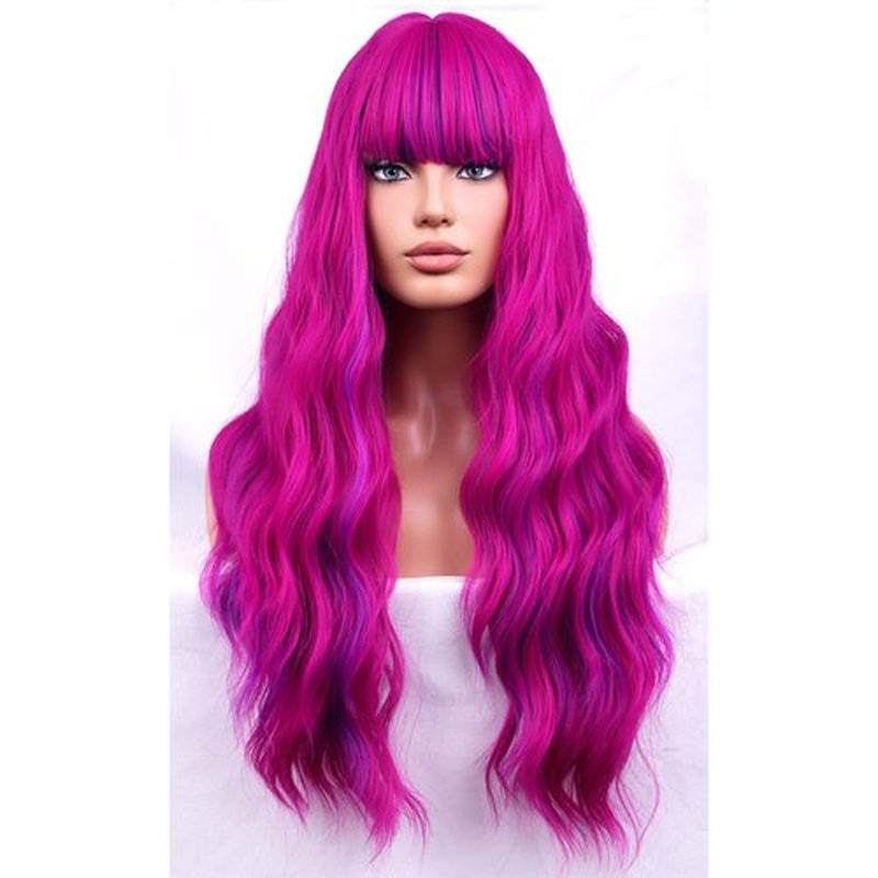 BERON Rose and Purple Long Wigs Curly Wavy Women Pastel Wigs with Bangs Hot Pink Color Heat Resistant Synthetic Wigs for Cosplay or Daily Wigs Wig Cap Included