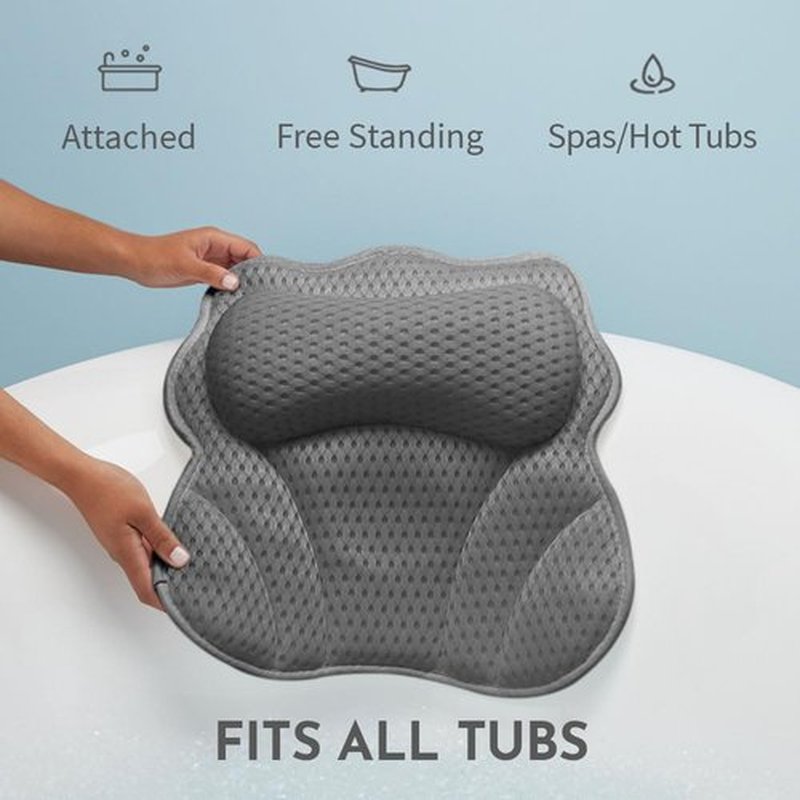 WONDERfoam Thick Padded Ergonomic Bath Pillow for Tub, Support for Head Neck and Back, Slip-Resistant, Machine Washable Breathable Quick Dry Mesh Bathtub Headrest Pillows, Spa Rest Accessories, Gray