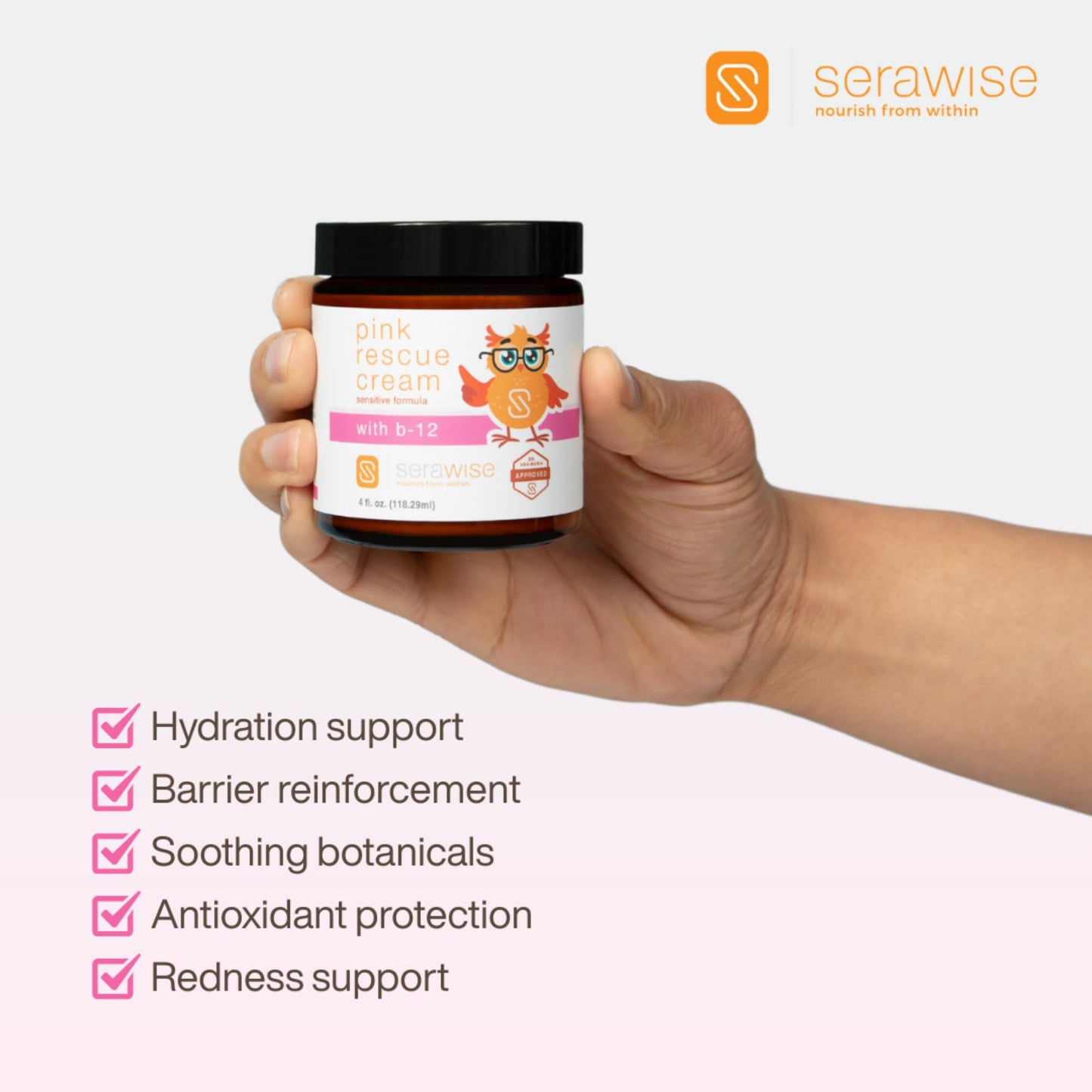 Serawise Pink Rescue Cream by Dr. Ana Maria Temple | Hydration for Sensitive Skin | Includes Calming Botanicals and B-12 | Relieves Redness, Dryness and Irritation | Fragrance Free | 4 Oz