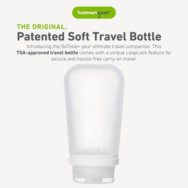 humangear GoToob+ (Large) | Refillable Silicone Travel Bottle | Locking Lid | Food-Safe Material | Clear, Large (3.4 fl.oz.; 100ml)