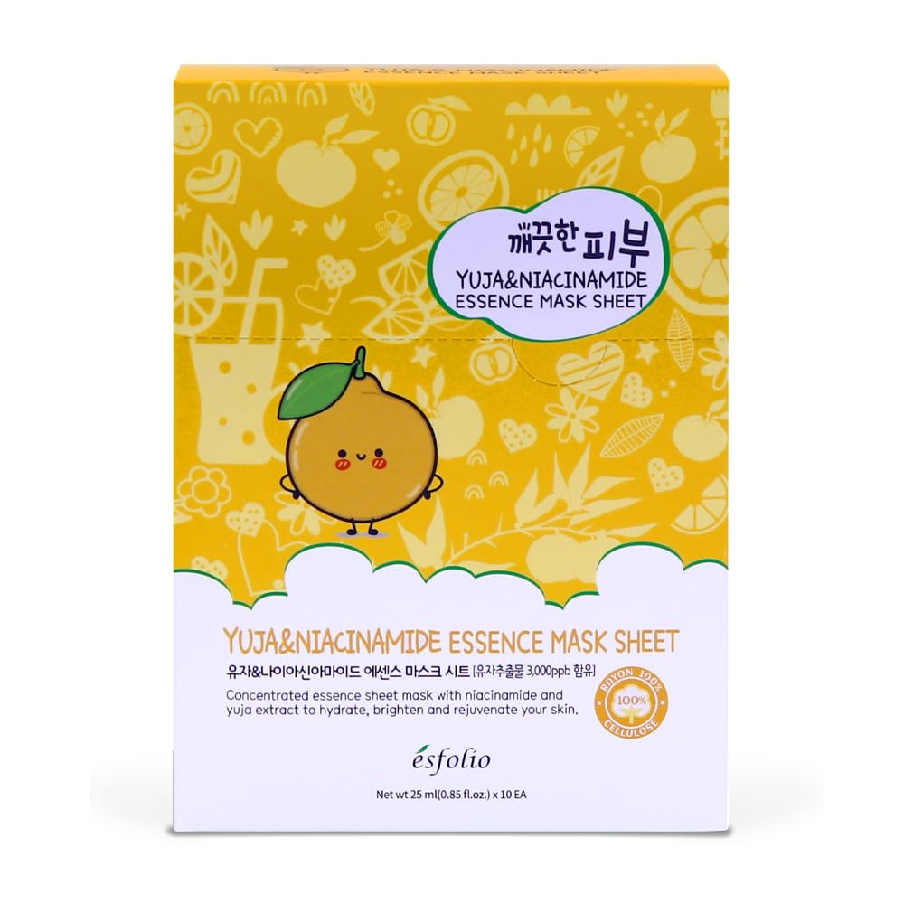 esfolio Yuja & Niacinamide Essence Mask – Hydrating Korean Sheet Mask with Vitamin C – Even Skin Tone, Glow-Boosting & Moisturizing Face Mask for Radiant, Smooth Complexion (Pack of 10)