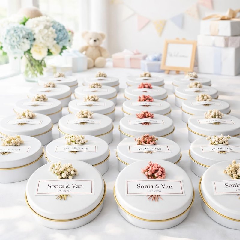 Personalized Soy Wax Candle Favors - Dried Flowers | White Tin Guest Gifts for Weddings & Showers (10-200 Count)