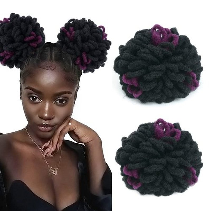 Yinmei Baibian 2Pcs Purple Locs Ponytail Dreadlocks Bun Drawstring Locs Ponytails Hair Curly Braided Petal Bun Chignon Faux Braids Buns Synthetic Hair Extensions for Black Women Girls(Black&Purple)