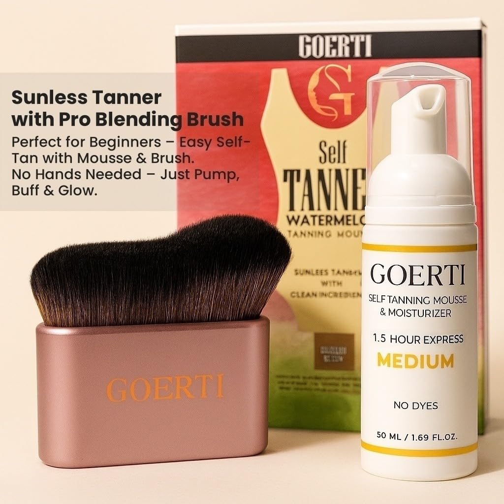 GOERTI Self Tanner Mousse & Tanning Brush Set – 1.5 Hour Express Sunless Tanner for Face & Body | Medium Shade, Long-Lasting & Natural Glow | Vegan DHA Formula, No Streaks, No Dyes, Gentle on Skin