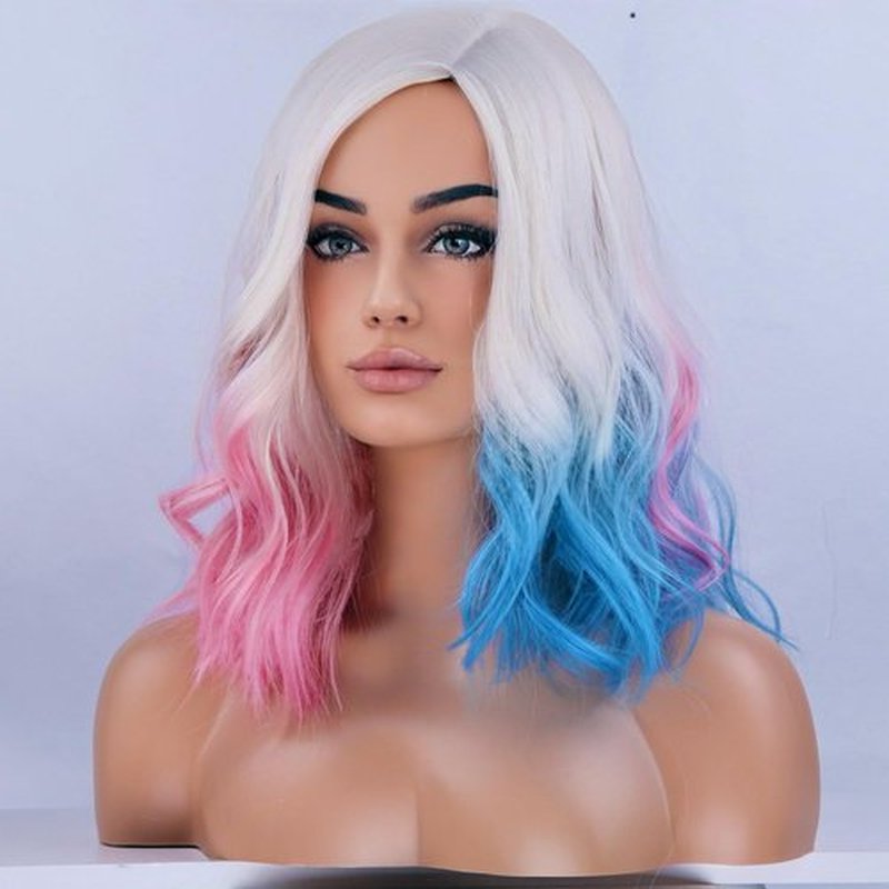 BERON Blonde Ombre Pink Blue Wigs Short Curly Bob Wig for Women Ombre Color Wavy Synthetic Hair Wigs Daily Use