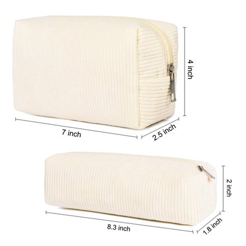 SOIDRAM Makeup Bag Corduroy Cosmetic Bag Cute White Makeup Pouch 1Pcs Large Capacity Makeup Bags and 1Pcs Makeup Brushes Storage Bag Travel Toiletry Bag Organizer