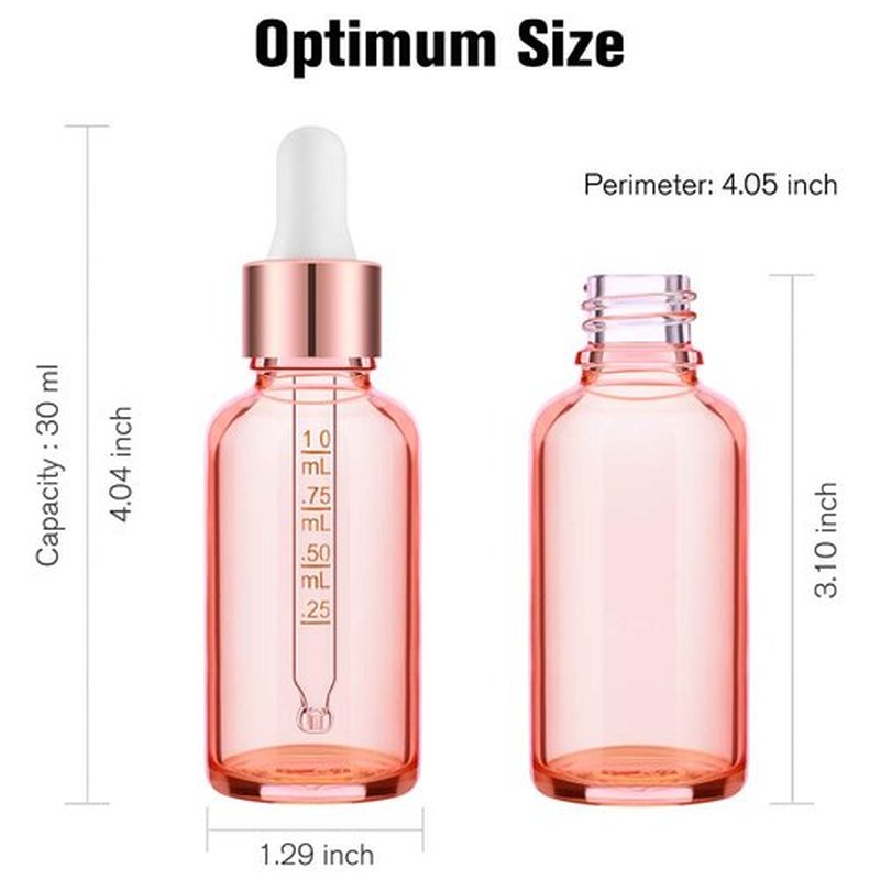 PrettyCare 1 oz Eye Dropper Bottle (24 Pack Rose Glass Bottles 30ml with Measured Pipettes, Golden Caps & 48 Labels, Funnel) Empty Tincture Bottles for Essential Oils, Perfume Pink